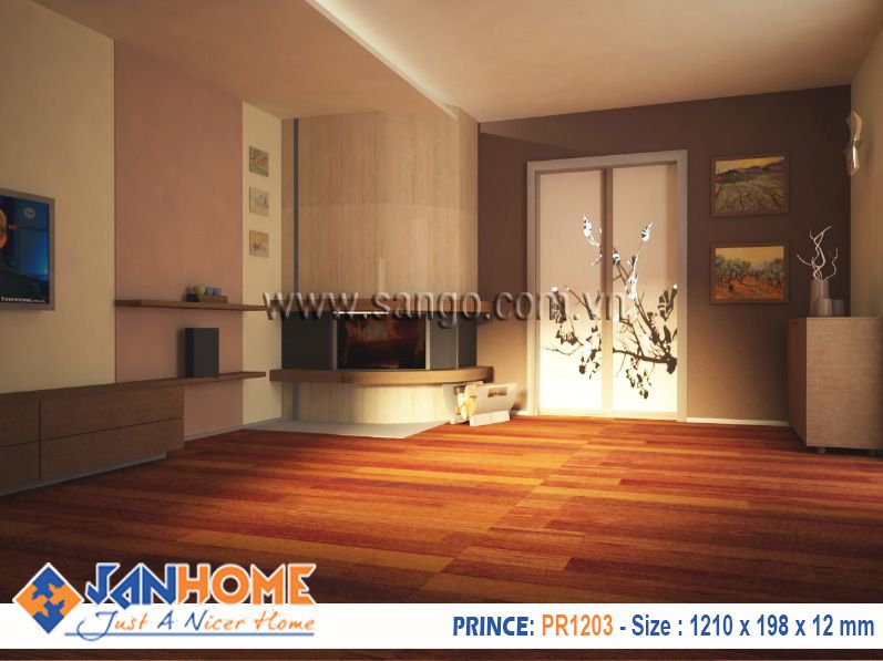 Thi công sàn gỗ Prince PR1203 phòng khách ấm cúng